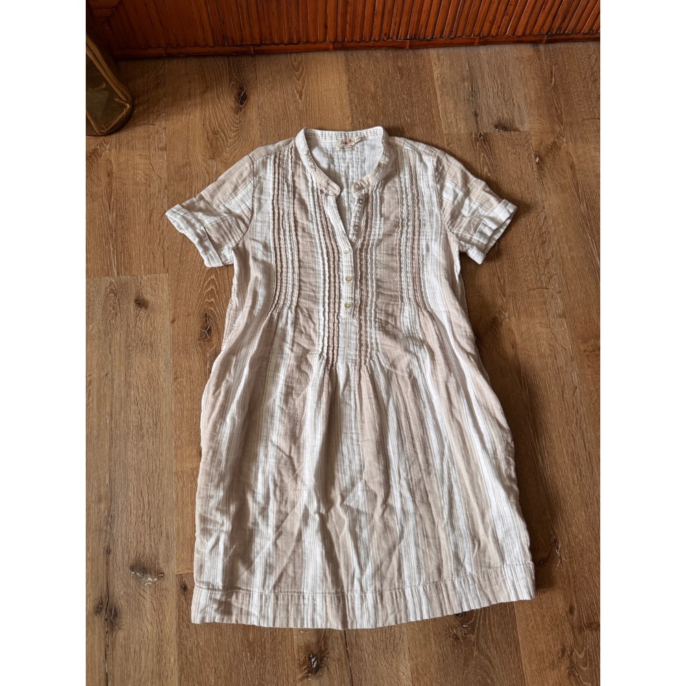 Faherty Tan Gemina White Organic Cotton Gauze Pintuck Henley Dress Size M